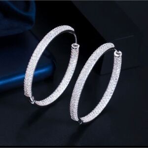 Silver Pave Diamond Hoop Earrings